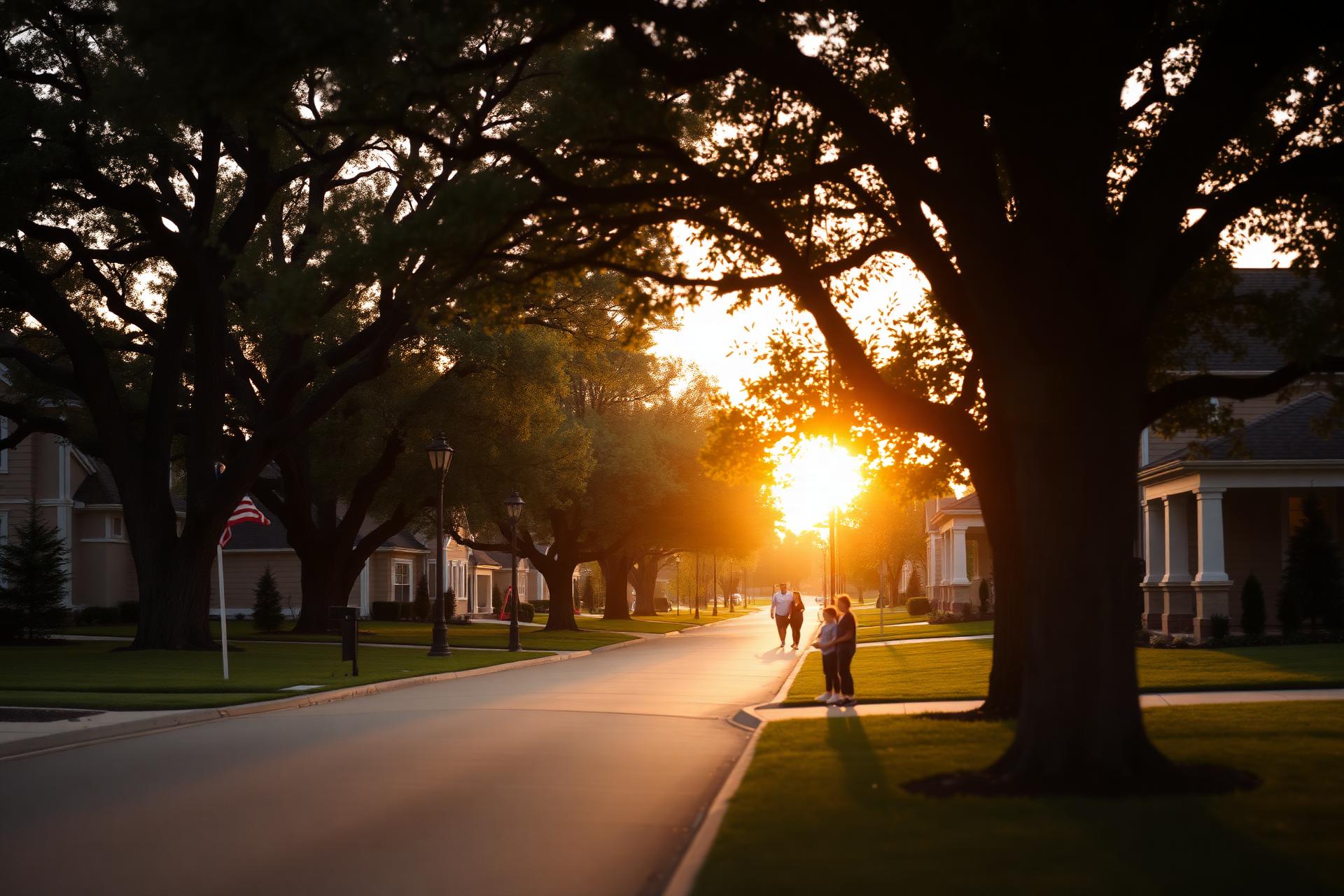 Golden hour on a tree-lined North Texas suburban street